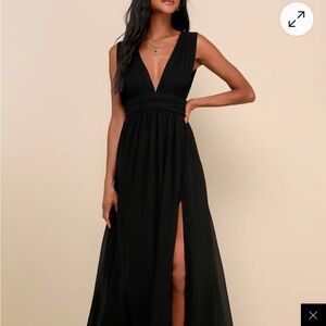 Lulu's Heavenly Hues Black Plunging V-Neck Maxi Dress with Thigh Slit